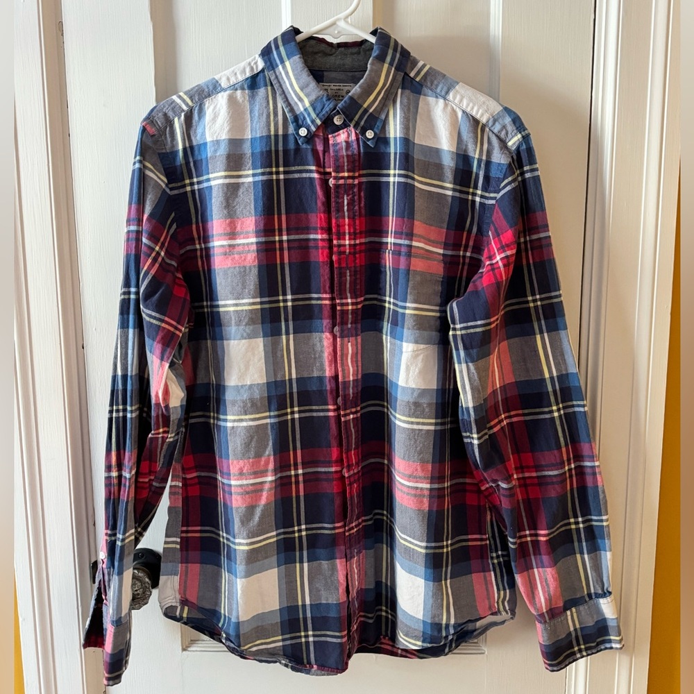 J. Crew Men's Plaid Madras Button-Down Shirt - Navy and Red. Excellent shape.
